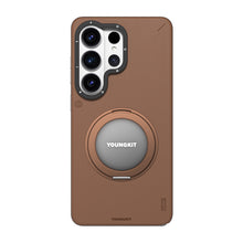 Galaxy S26 Ultra Kılıf M-safe Uyumlu 360 Standlı Mat Deri Desenli Youngkit Tech Leather Kapak Kahve
