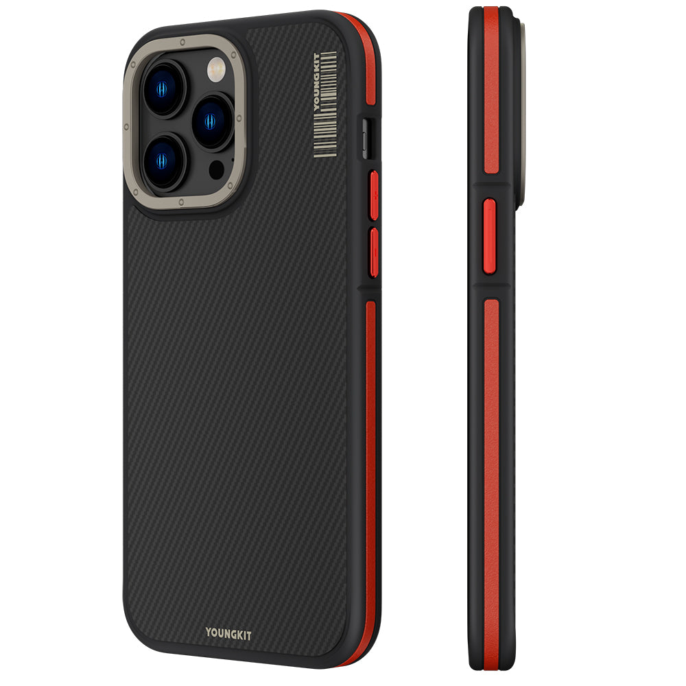 iPhone 13 Pro Uyumlu Aramid Fiber  Kılıf M-safe Şarj Özellikli YoungKit 600D Kırmızı