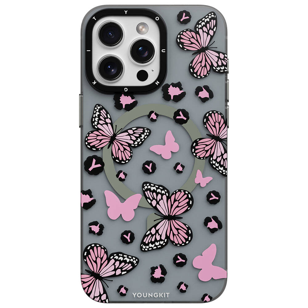 Apple iPhone 15 Pro Max Kılıf M-safe Şarj Özellikli Kelebek Desenli Youngkit Shadow Dance Serisi Kapak