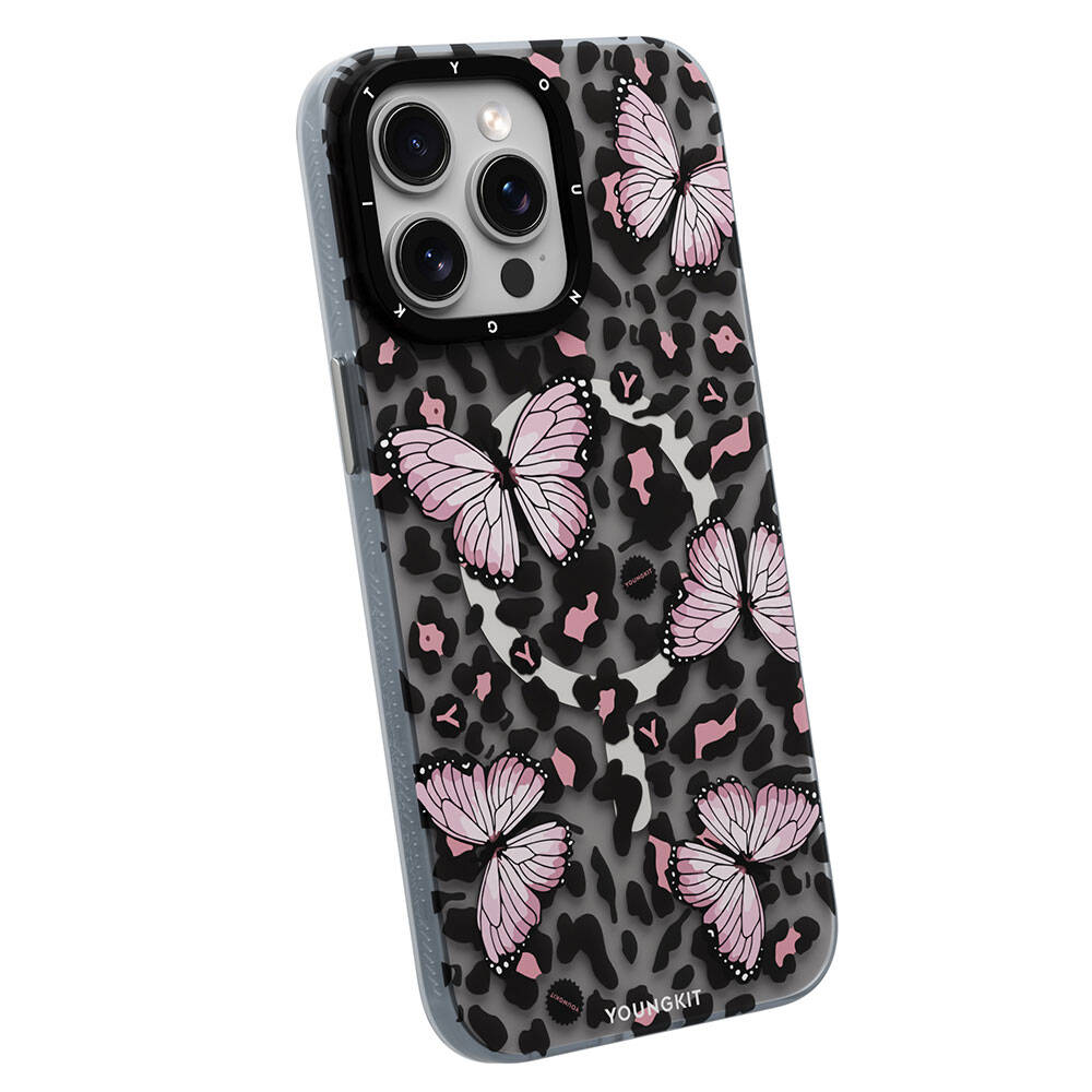 Apple iPhone 15 Pro Max Kılıf M-safe Şarj Özellikli Kelebek Desenli Youngkit Shadow Dance Serisi Kapak