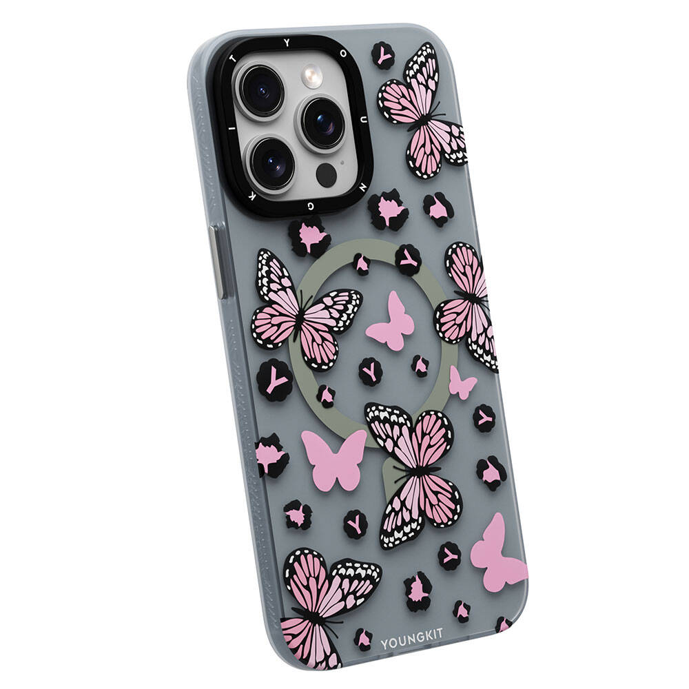 Apple iPhone 15 Pro Max Kılıf M-safe Şarj Özellikli Kelebek Desenli Youngkit Shadow Dance Serisi Kapak