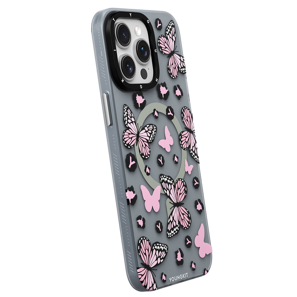 Apple iPhone 15 Pro Max Kılıf M-safe Şarj Özellikli Kelebek Desenli Youngkit Shadow Dance Serisi Kapak