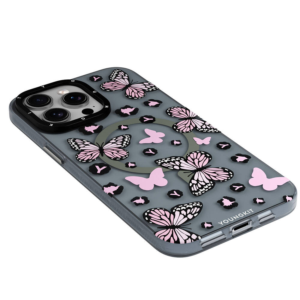 Apple iPhone 15 Pro Max Kılıf M-safe Şarj Özellikli Kelebek Desenli Youngkit Shadow Dance Serisi Kapak