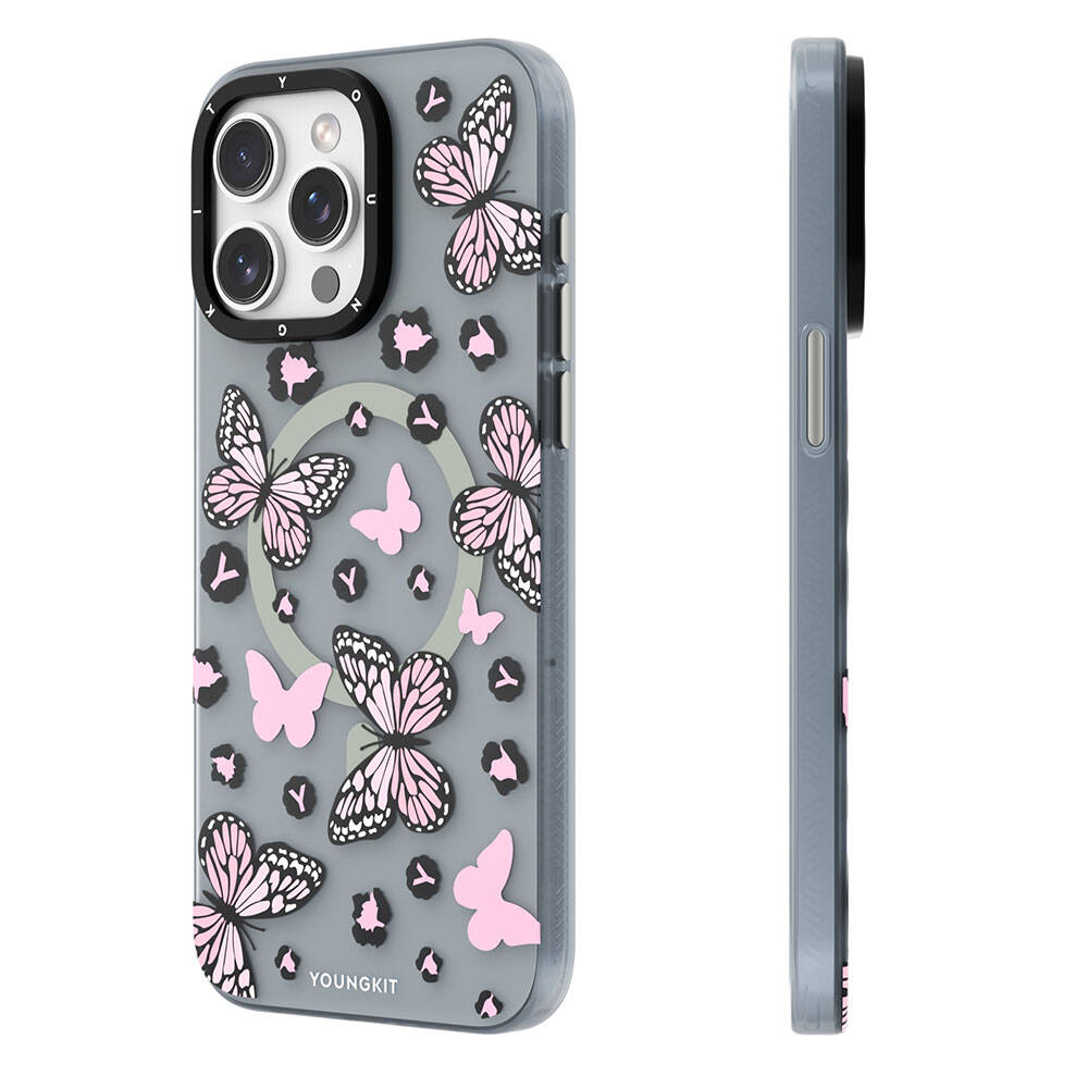 Apple iPhone 15 Pro Max Kılıf M-safe Şarj Özellikli Kelebek Desenli Youngkit Shadow Dance Serisi Kapak