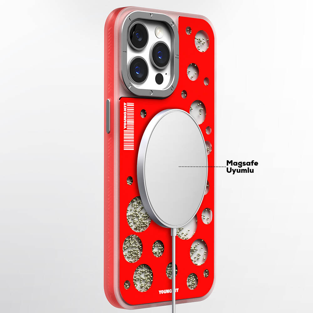 Apple iPhone 15 Pro Max Kılıf M-safe Şarj Özellikli Youngkit Quicksand Beads Serisi Kapak