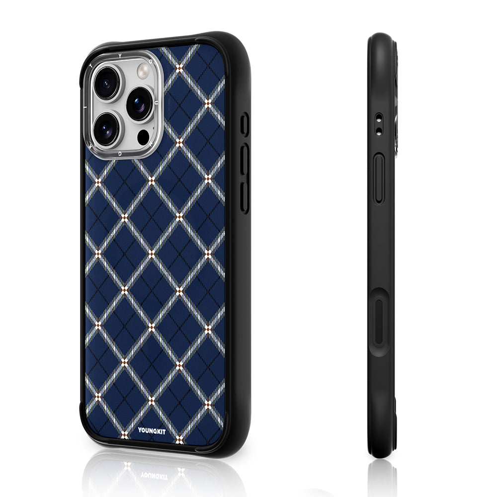 iPhone 16 Pro Uyumlu Kılıf M-safe Şarj Özellikli Youngkit Argyle Serisi Kapak Mavi