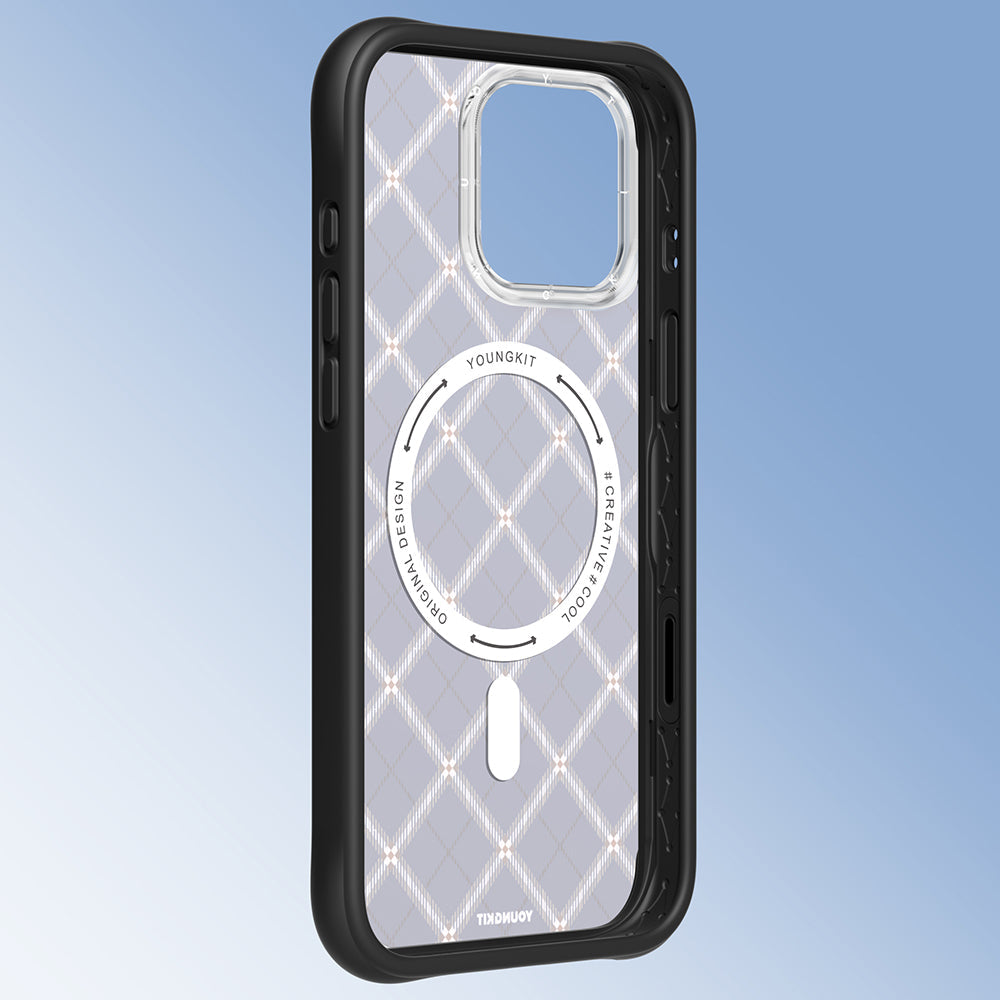 iPhone 16 Pro Uyumlu Kılıf M-safe Şarj Özellikli Youngkit Argyle Serisi Kapak Mavi