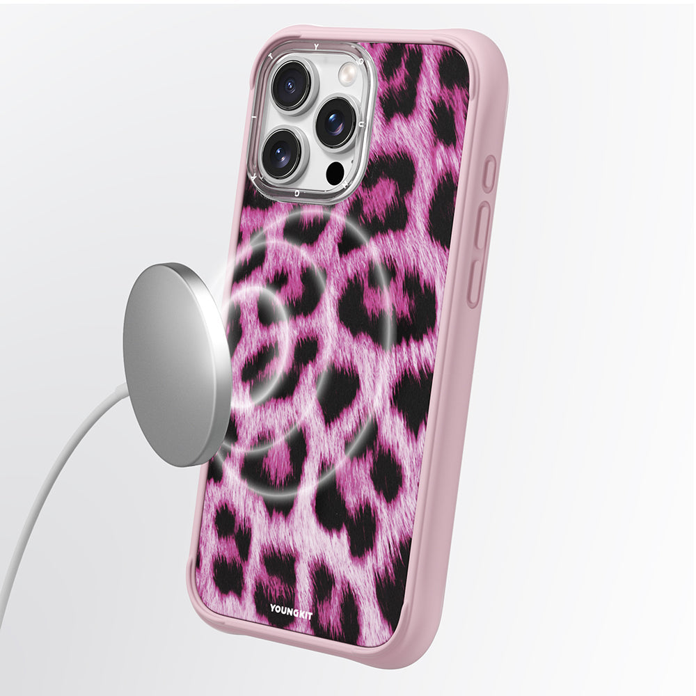 iPhone 16 Pro Uyumlu Kılıf M-safe Şarj Özellikli Youngkit Leopard Serisi Kapak Pembe