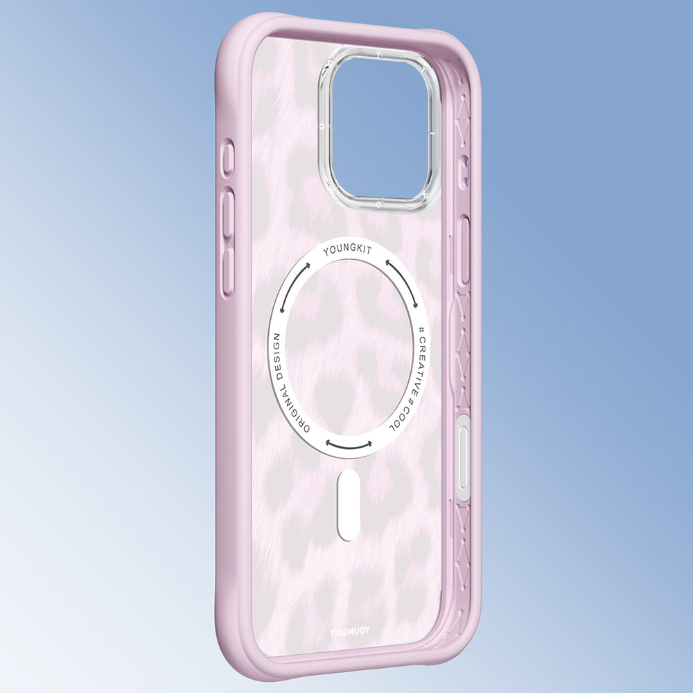 iPhone 16 Pro Uyumlu Kılıf M-safe Şarj Özellikli Youngkit Leopard Serisi Kapak Pembe