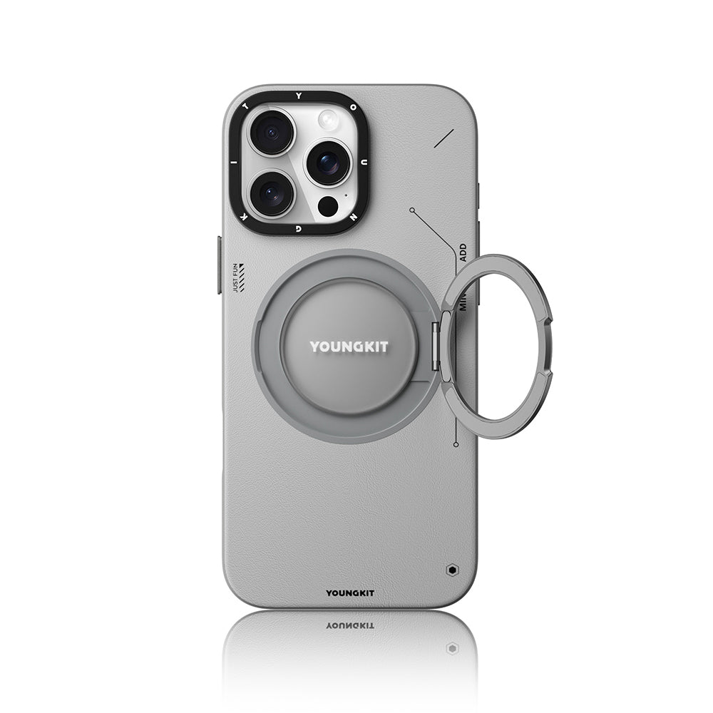 Apple iPhone 16 Pro Kılıf M-safe Şarj Özellikli 360° Standlı Basit Mat Deri Desenli Youngkit Tech Leather Serisi Kapak
