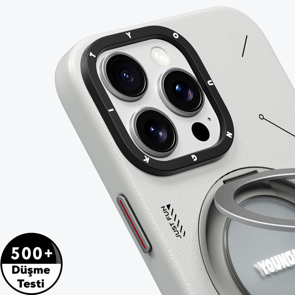 Apple iPhone 16 Pro Kılıf M-safe Şarj Özellikli 360° Standlı Basit Mat Deri Desenli Youngkit Tech Leather Serisi Kapak
