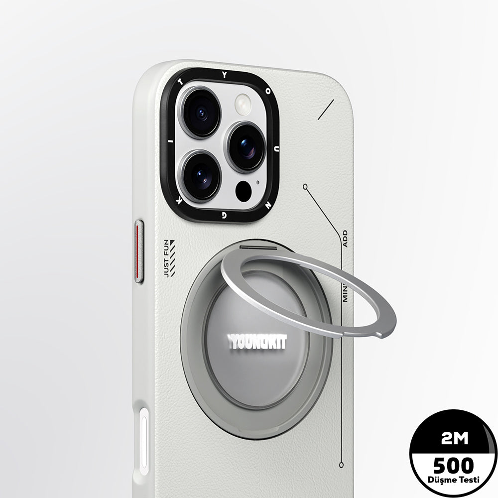 Apple iPhone 16 Pro Kılıf M-safe Şarj Özellikli 360° Standlı Basit Mat Deri Desenli Youngkit Tech Leather Serisi Kapak