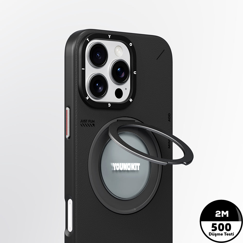 Apple iPhone 16 Pro Kılıf M-safe Şarj Özellikli 360° Standlı Basit Mat Deri Desenli Youngkit Tech Leather Serisi Kapak
