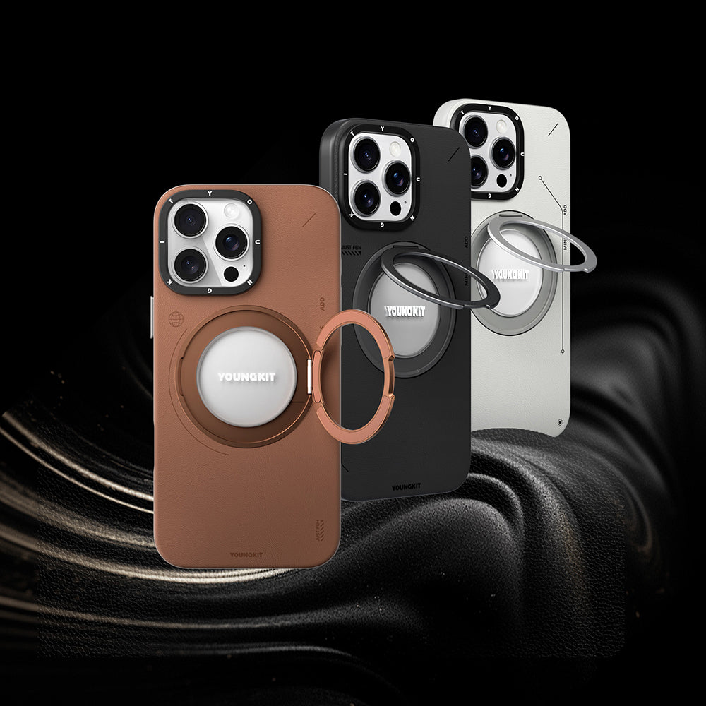 Apple iPhone 16 Pro Kılıf M-safe Şarj Özellikli 360° Standlı Basit Mat Deri Desenli Youngkit Tech Leather Serisi Kapak