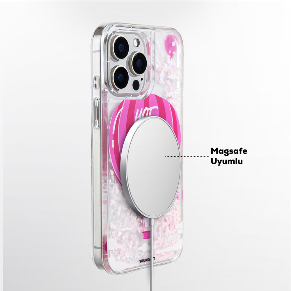 Apple iPhone 16 Pro Kılıf M-safe Şarj Özellikli Parlak Kumlu Sıvılı Youngkit Pink Dream Quicksand Serisi Kapak