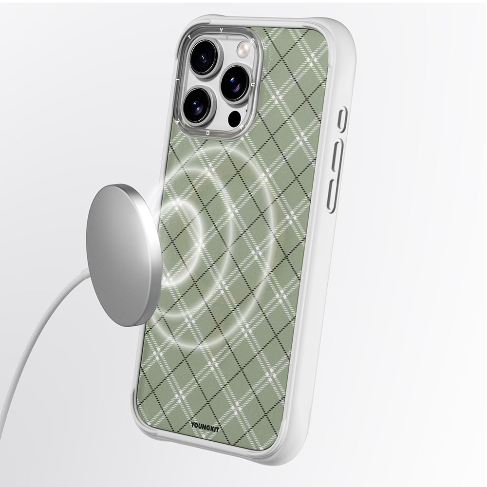iPhone 16 Pro Max Uyumlu Kılıf M-safe Şarj Özellikli Youngkit Argyle Serisi Kapak Açık Yeşil