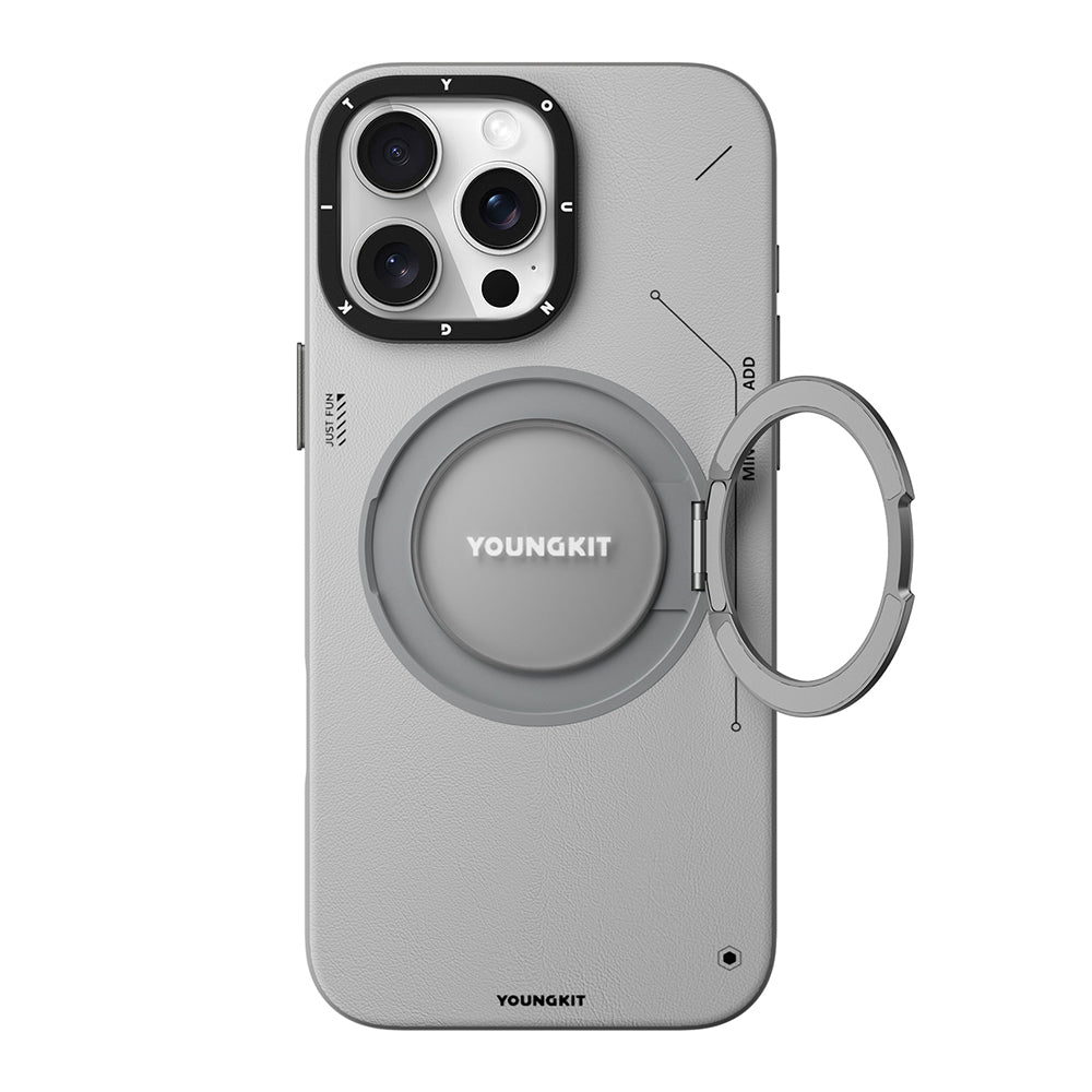 Apple iPhone 16 Pro Max Kılıf M-safe Şarj Özellikli 360° Standlı Basit Mat Deri Desenli Youngkit Tech Leather Serisi Kapak