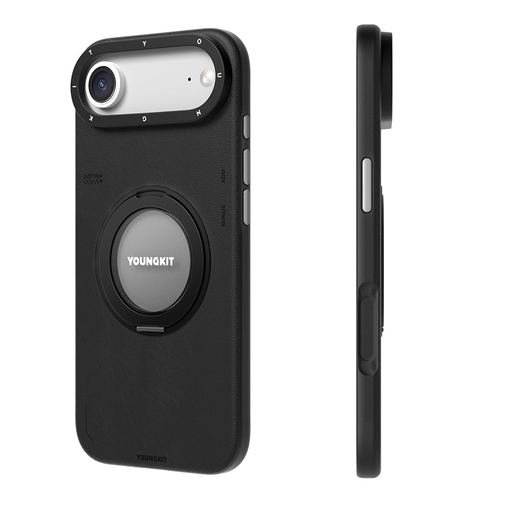 iPhone 17 Air Kılıf M-safeli 360 Standlı Basit Mat Deri Desenli Youngkit Tech Leather Kapak Siyah