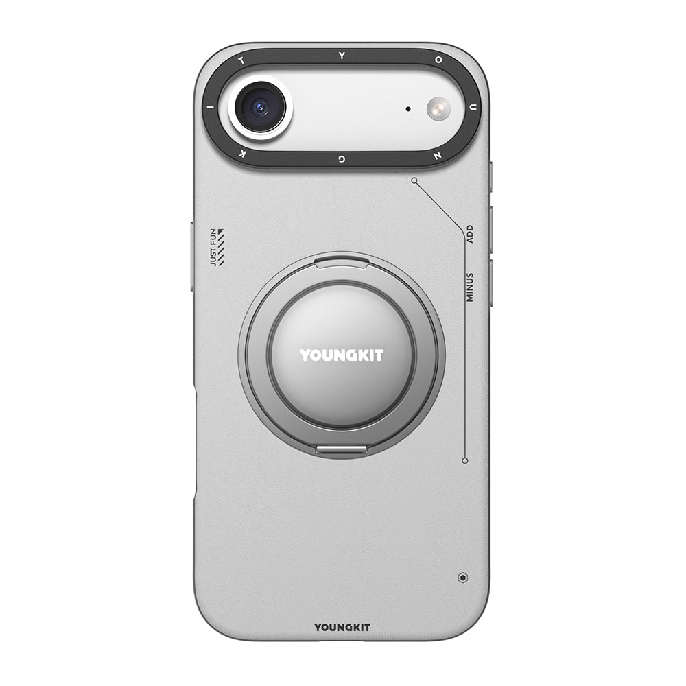 iPhone 17 Air Kılıf M-safeli 360 Standlı Basit Mat Deri Desenli Youngkit Tech Leather Kapak Gri