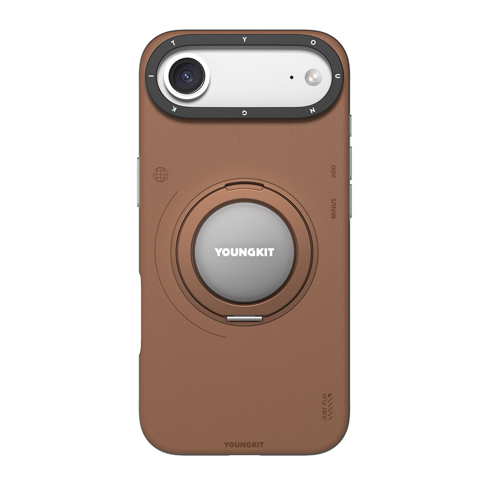 iPhone 17 Air Kılıf M-safeli 360 Standlı Basit Mat Deri Desenli Youngkit Tech Leather Kapak Kahveren