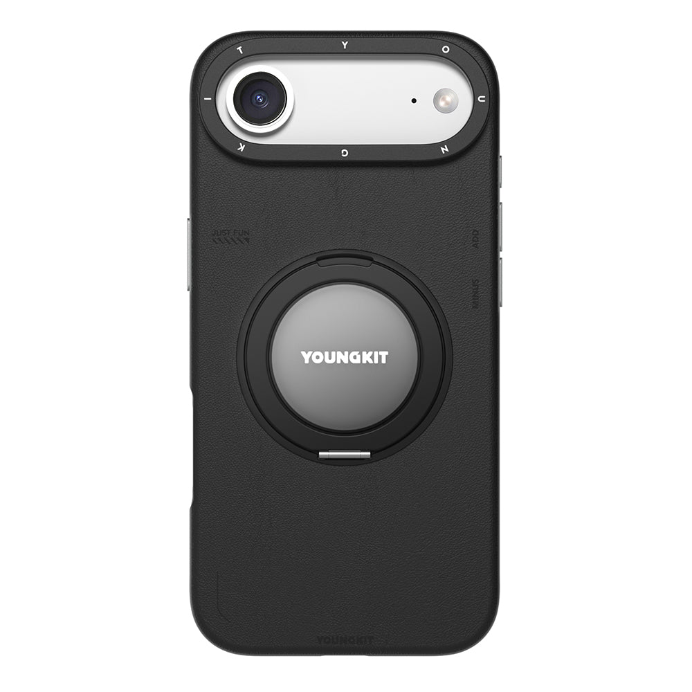 iPhone 17 Air Kılıf M-safeli 360 Standlı Basit Mat Deri Desenli Youngkit Tech Leather Kapak Siyah