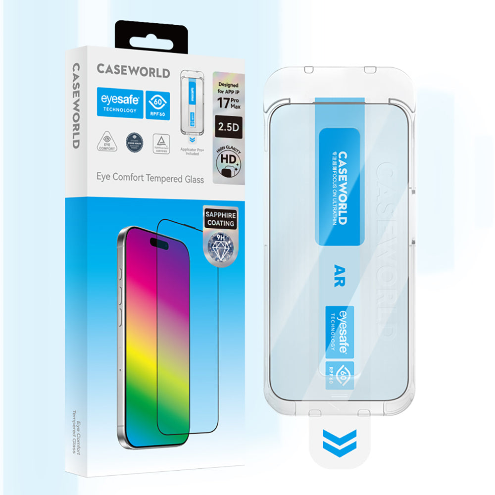 iPhone 17 CaseWorld Applicator Serisi 2.5D Eyesafe Mavi Işık Teknolojili Safir 0.33mm Ekran Koruyucu