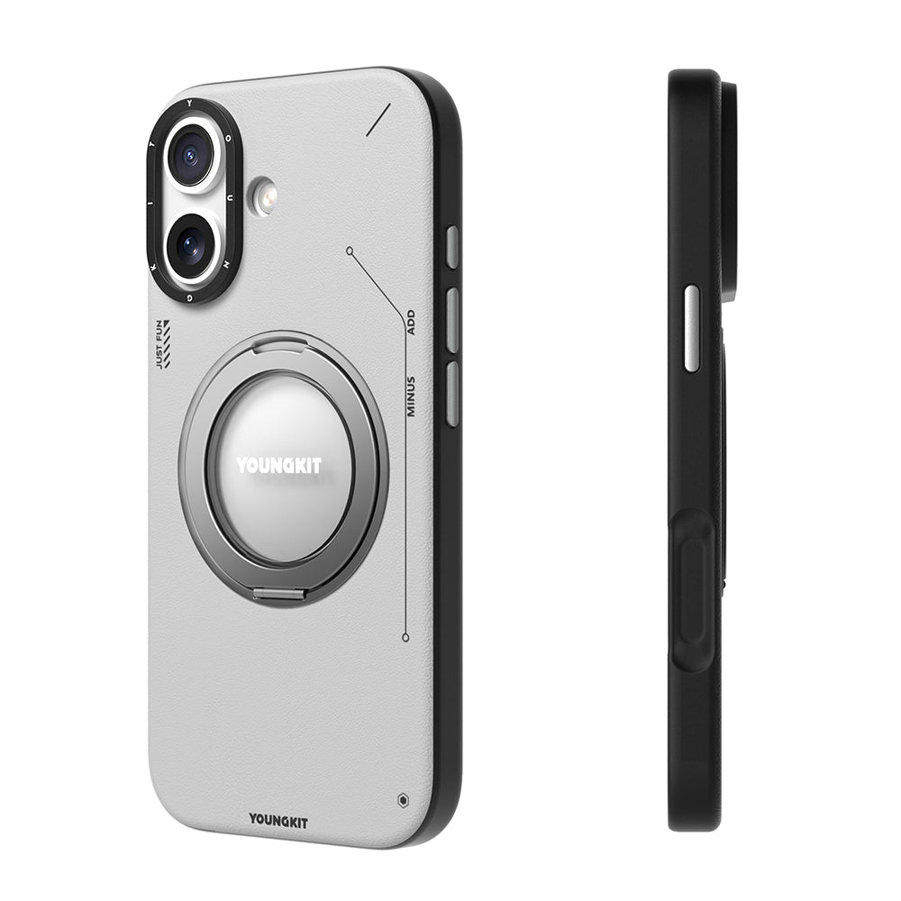 iPhone 17 Kılıf M-safeli 360 Derece Standlı Basit Mat Deri Desenli Youngkit Tech Leather Kapak Gri