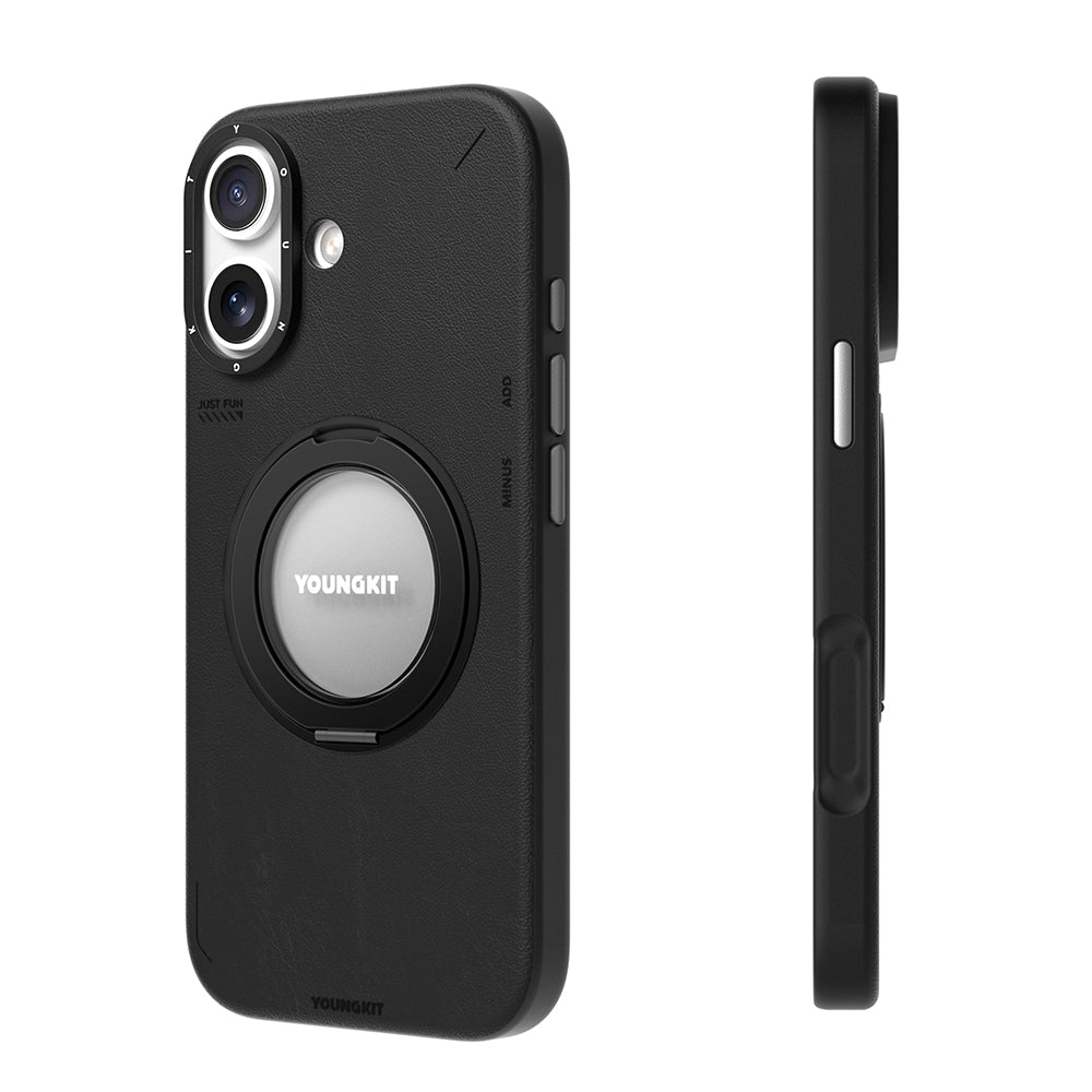 iPhone 17 Kılıf M-safeli 360 Derece Standlı Basit Mat Deri Desenli Youngkit Tech Leather Kapak Siyah