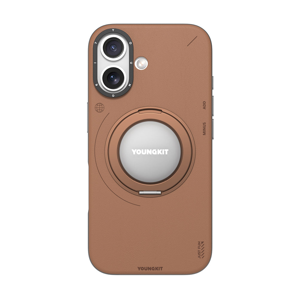 iPhone 17 Kılıf M-safeli 360 Standlı Basit Mat Deri Desenli Youngkit Tech Leather Kapak Kahverengi