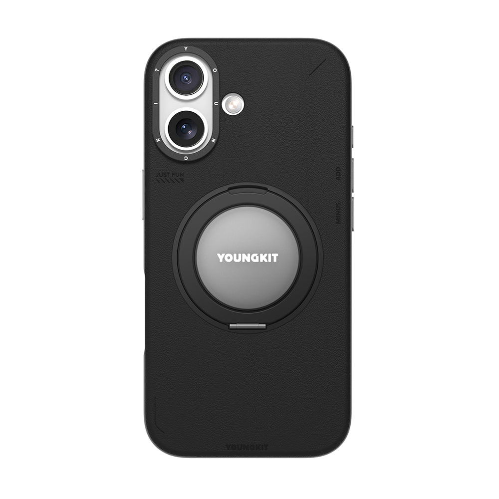 iPhone 17 Kılıf M-safeli 360 Derece Standlı Basit Mat Deri Desenli Youngkit Tech Leather Kapak Siyah