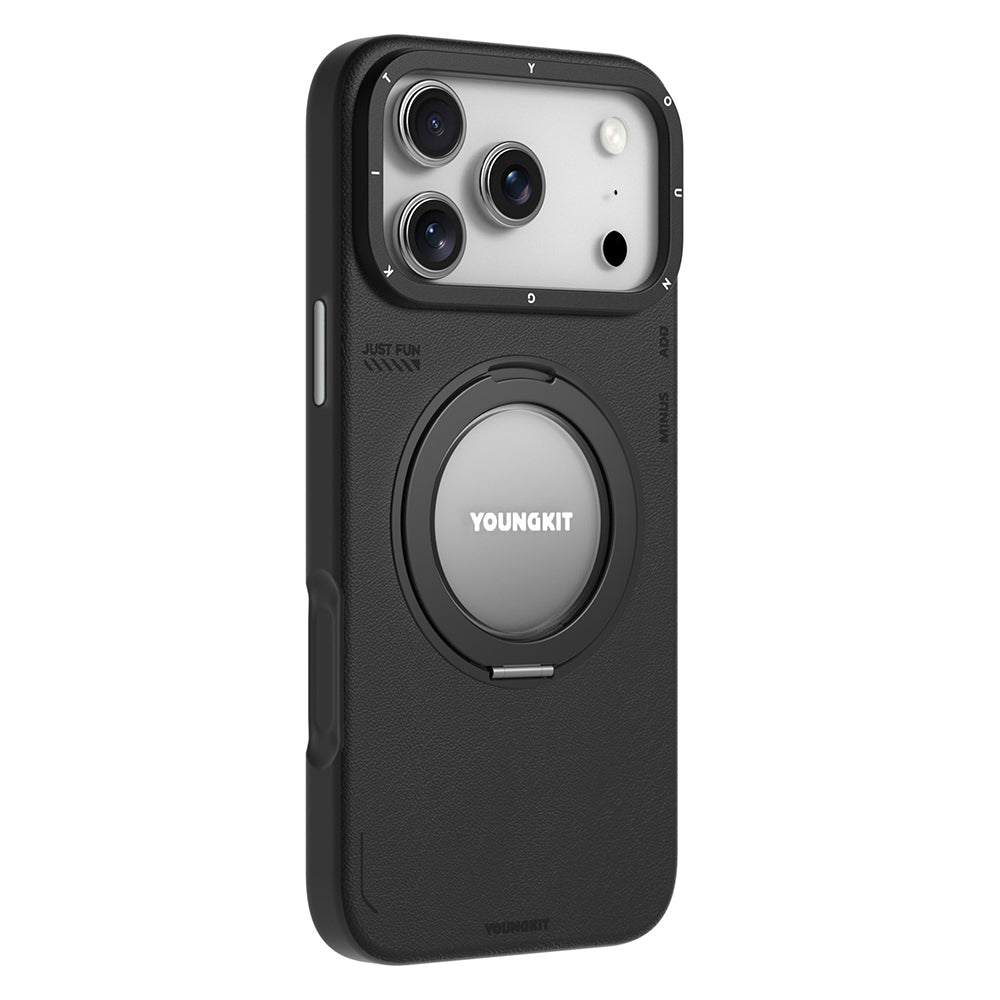 iPhone 17 Pro Kılıf M-safe 360 Standlı Basit Mat Deri Desenli Youngkit Tech Leather