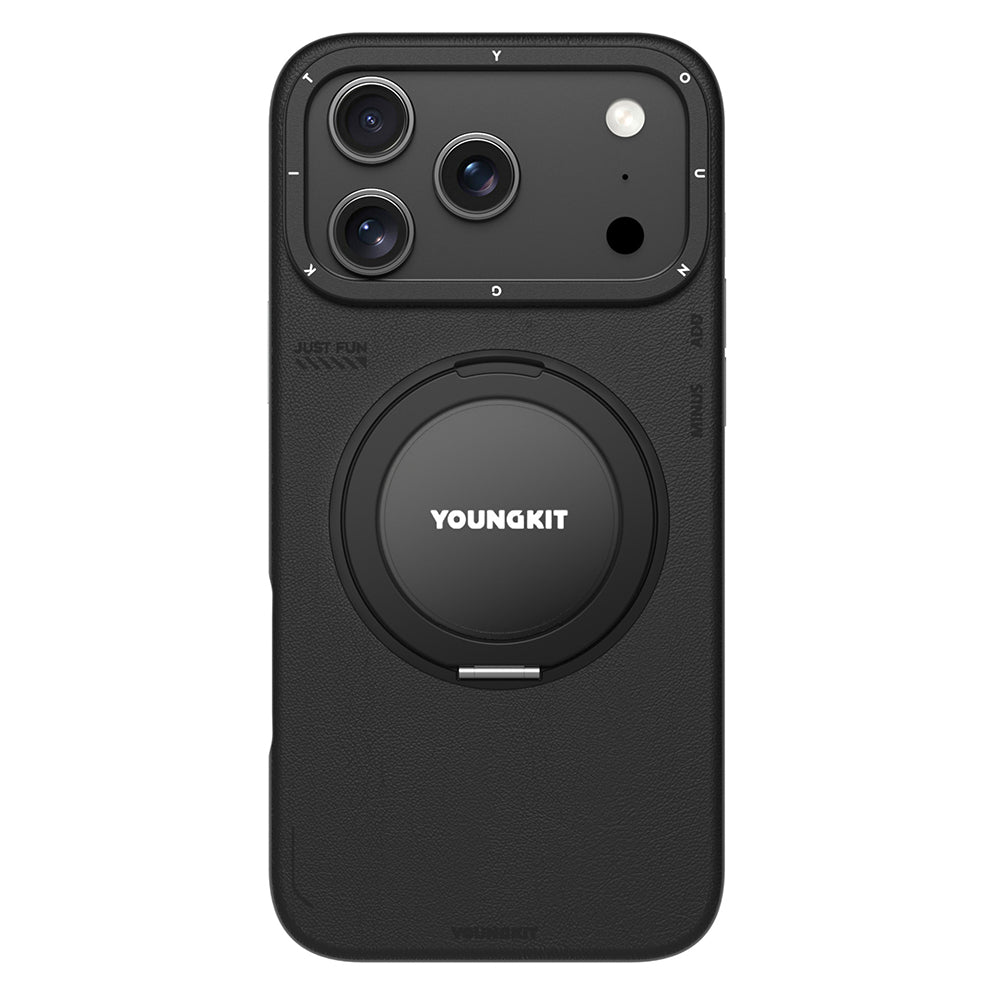 iPhone 17 Pro Kılıf M-safe 360 Standlı Basit Mat Deri Desenli Youngkit Tech Leather