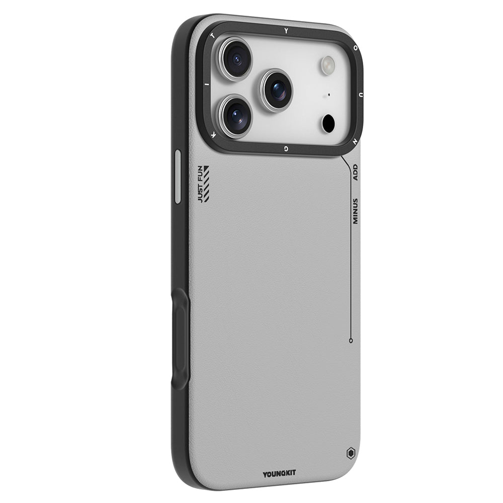 iPhone 17 Pro Uyumlu Kılıf M-safe Basit Mat Deri Desenli Youngkit Tech Fashion Serisi Kapak Gri