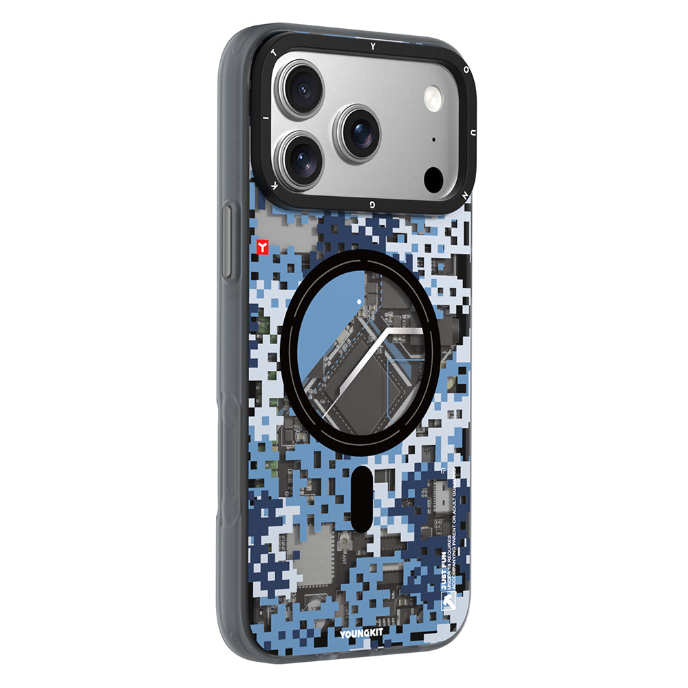 iPhone 17 Pro Uyumlu Kılıf M-Safe Şarj Özellikli Youngkit Camouflage Sykell Serisi Kapak Mavi