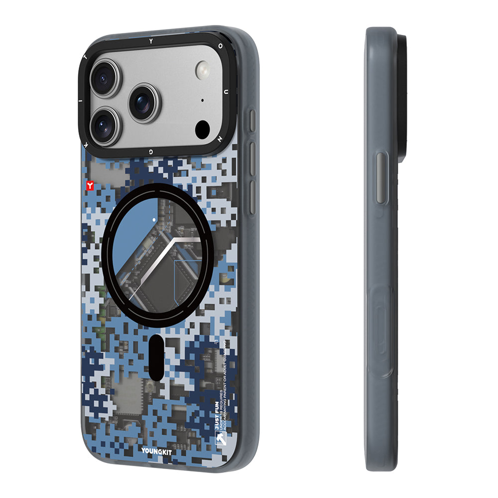 iPhone 17 Pro Uyumlu Kılıf M-Safe Şarj Özellikli Youngkit Camouflage Sykell Serisi Kapak Mavi