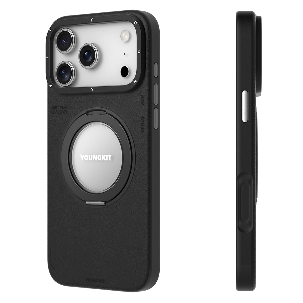 iPhone 17 Pro Max Kılıf M-safe Standlı Basit Mat Deri Youngkit Tech Leather Serisi Kapak Siyah