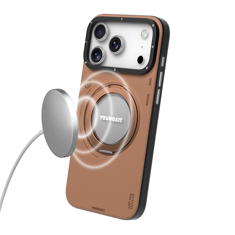 iPhone 17 Pro Max Kılıf M-safe Standlı Basit Mat Deri Youngkit Tech Leather Serisi Kapak Siyah