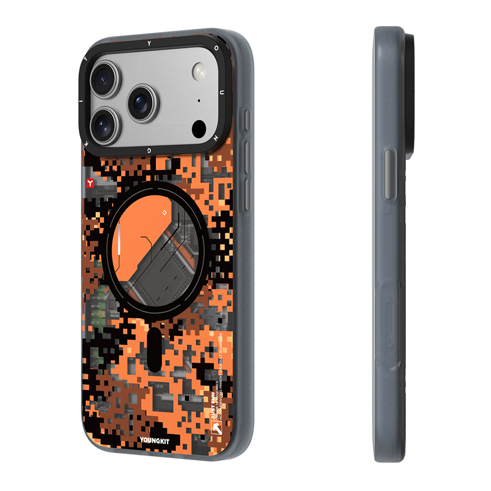 iPhone 17 Pro Max Uyumlu Kılıf M-Safe Şarj Özellikli Youngkit Camouflage Sykell Serisi Kapak Turuncu