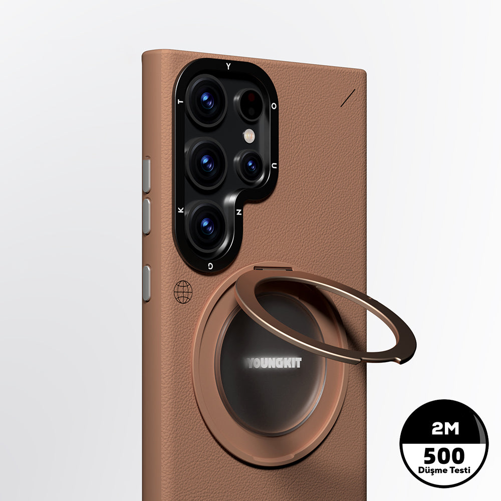 Galaxy S23 Ultra Kılıf M-safe Şarj Özellikli 360° Standlı Basit Mat Deri Desenli Youngkit Tech Leather Serisi Kapak