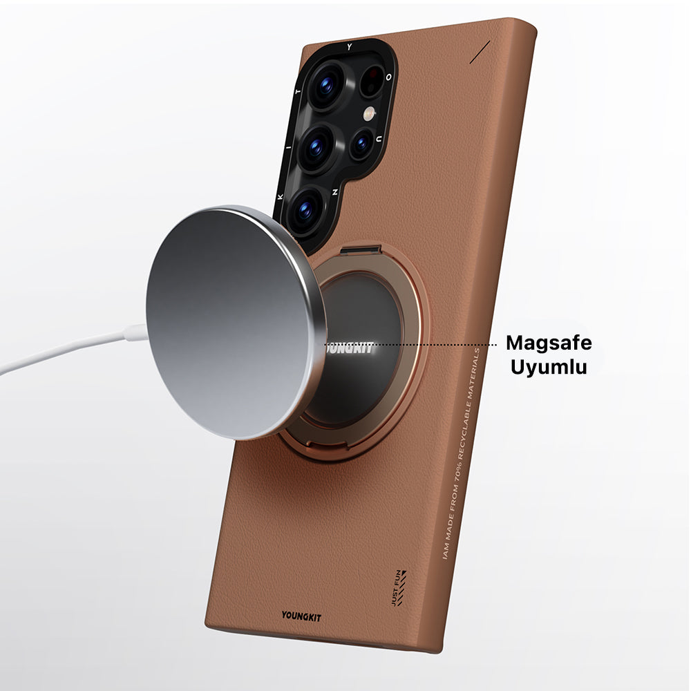 Galaxy S24 Ultra Kılıf M-safe Şarj Özellikli 360° Standlı Basit Mat Deri Desenli Youngkit Tech Leather Serisi Kapak