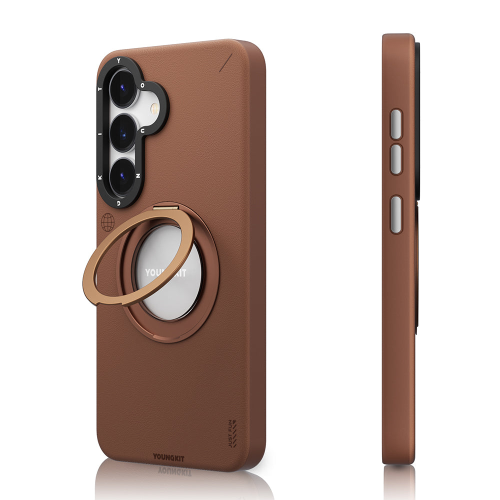 Galaxy S25 Kılıf M-safe Şarj Özellikli 360° Standlı Basit Mat Deri Desenli Youngkit Tech Leather Serisi Kapak