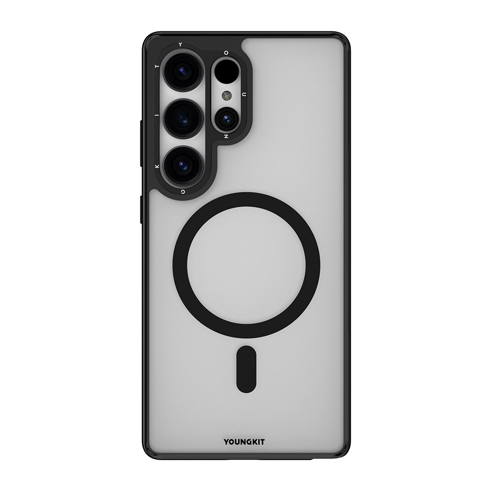 Galaxy S25 Ultra Kılıf M-safe Özellikli Cam Arka Yüzey TPU Youngkit Gemstone Seri Kapak Siyah-Şeffaf