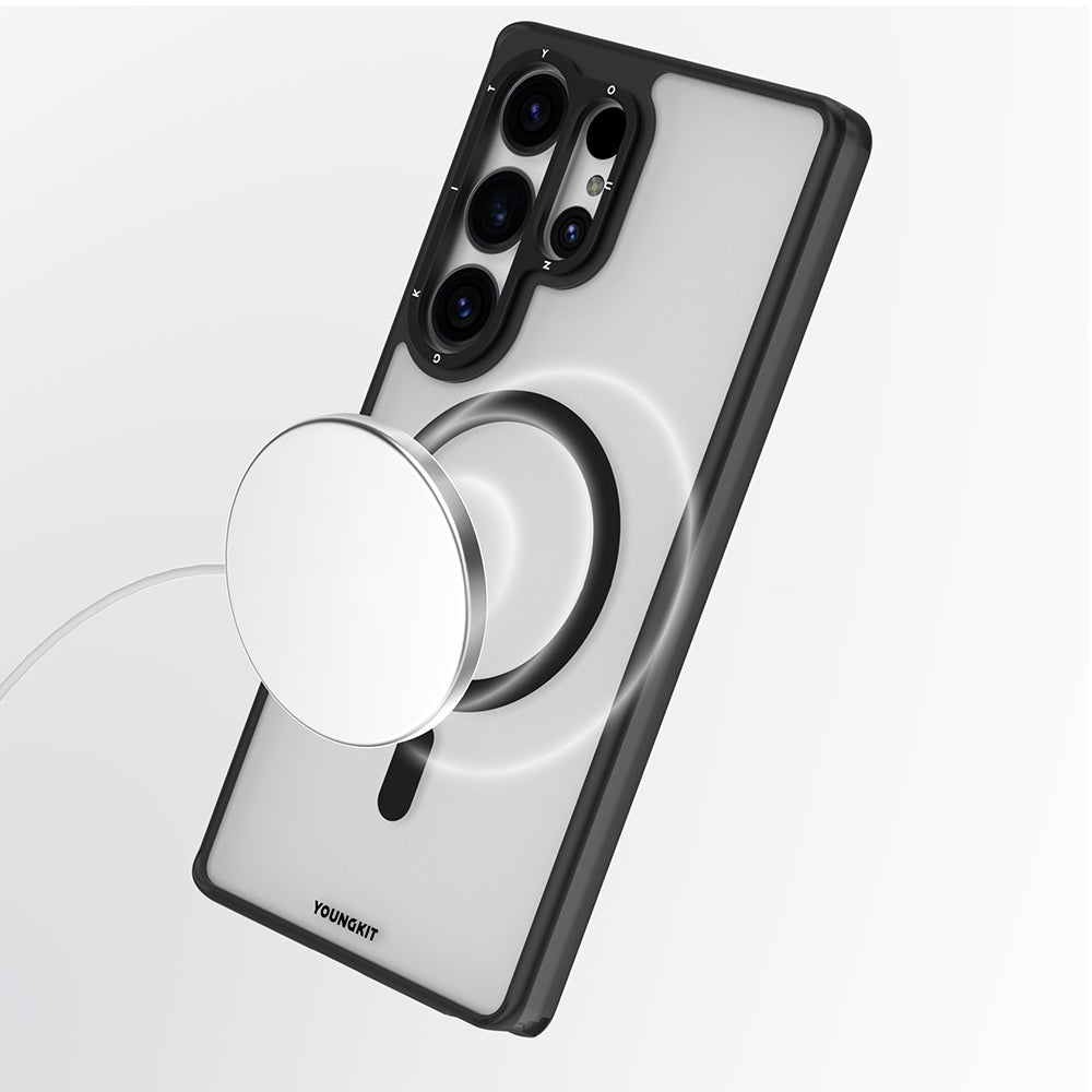 Galaxy S25 Ultra Kılıf M-safe Özellikli Cam Arka Yüzey TPU Youngkit Gemstone Seri Kapak Siyah-Şeffaf