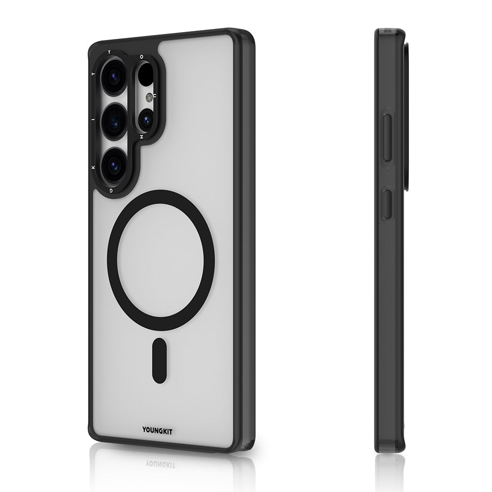 Galaxy S25 Ultra Kılıf M-safe Özellikli Cam Arka Yüzey TPU Youngkit Gemstone Seri Kapak Siyah-Şeffaf