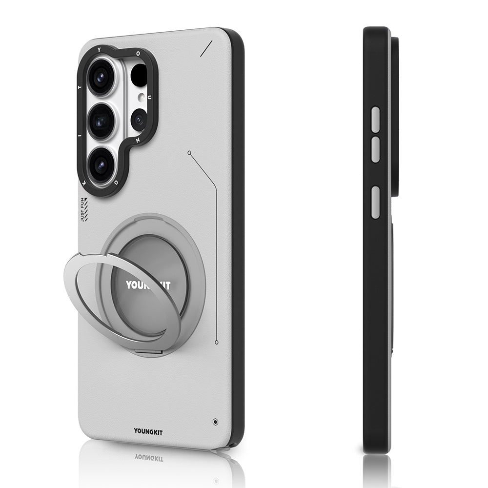 Galaxy S26 Ultra Kılıf M-safe Uyumlu 360 Standlı Mat Deri Desenli Youngkit Tech Leather Kapak Gri