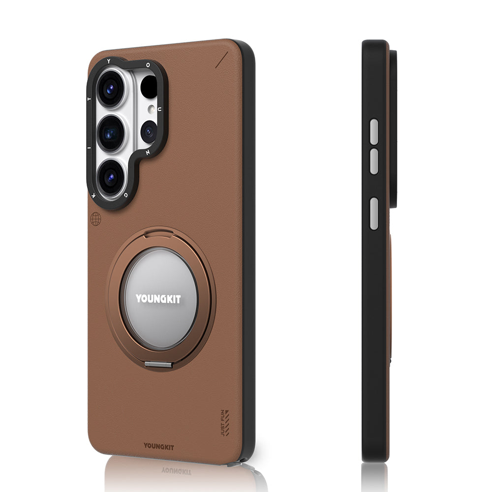 Galaxy S26 Ultra Kılıf M-safe Uyumlu 360 Standlı Mat Deri Desenli Youngkit Tech Leather Kapak Kahve