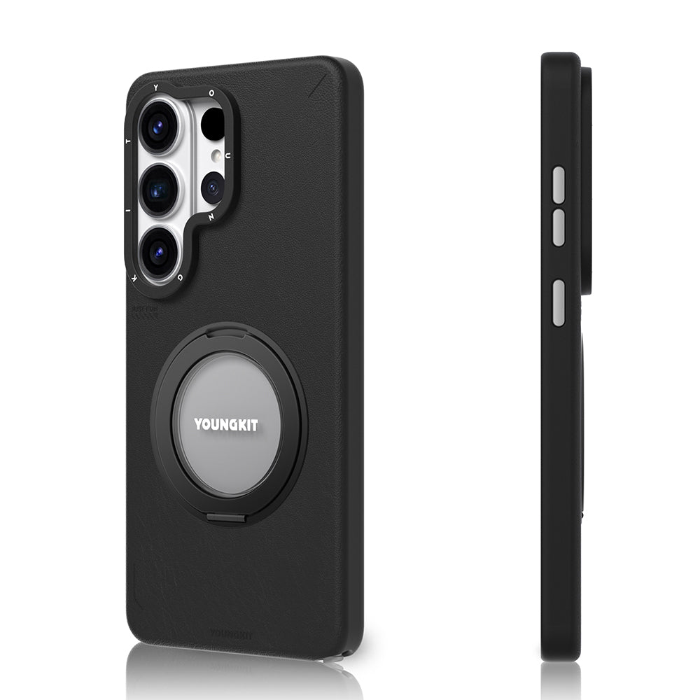 Galaxy S26 Ultra Kılıf M-safe Uyumlu 360 Standlı Mat Deri Desenli Youngkit Tech Leather Kapak Siyah