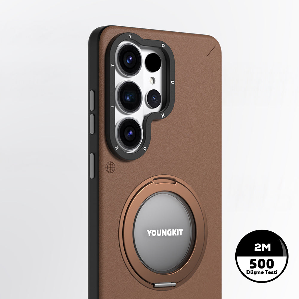 Galaxy S26 Ultra Kılıf M-safe Uyumlu 360 Standlı Mat Deri Desenli Youngkit Tech Leather Kapak Kahve
