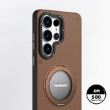 Galaxy S26 Ultra Kılıf M-safe Uyumlu 360 Standlı Mat Deri Desenli Youngkit Tech Leather Kapak Kahve