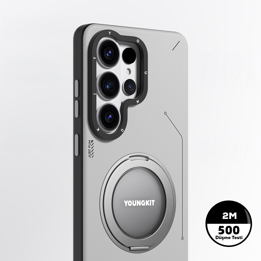 Galaxy S26 Ultra Kılıf M-safe Uyumlu 360 Standlı Mat Deri Desenli Youngkit Tech Leather Kapak Gri